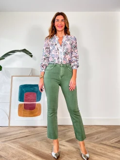 Jeans flare bolsillos trenzado verde