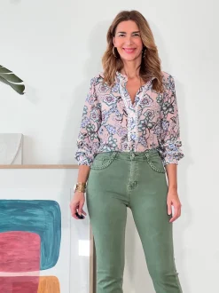 Jeans flare bolsillos trenzado verde