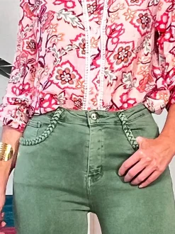 Jeans flare bolsillos trenzado verde