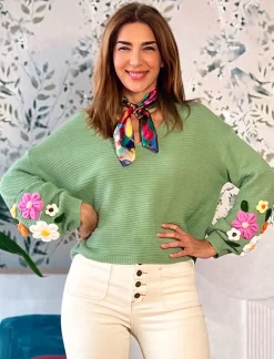 Pull bordado Spring chic verde