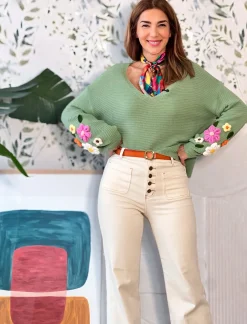 Pull bordado Spring chic verde