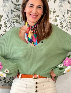 Pull bordado Spring chic verde